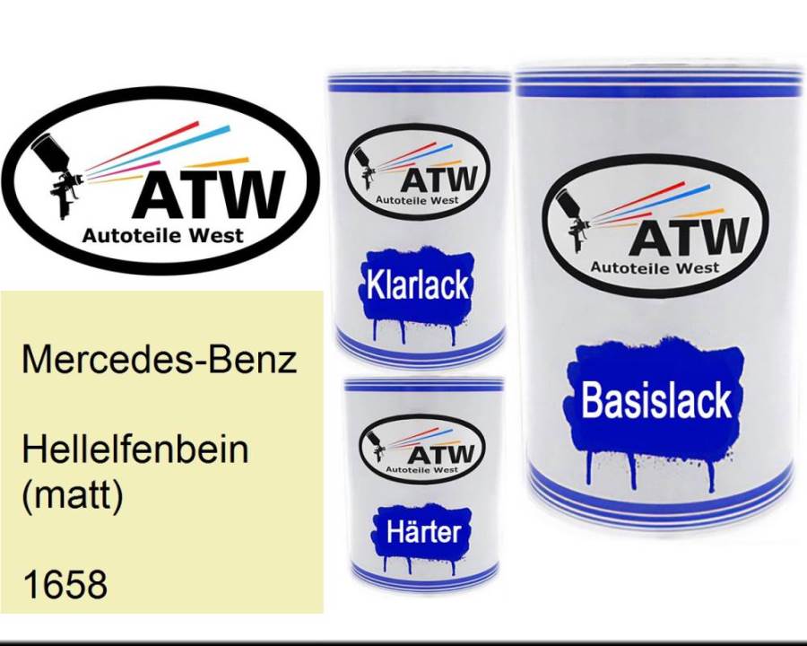 Mercedes-Benz, Hellelfenbein (matt), 1658: 500ml Lackdose + 500ml Klarlack + 250ml Härter - Set, von ATW Autoteile West.